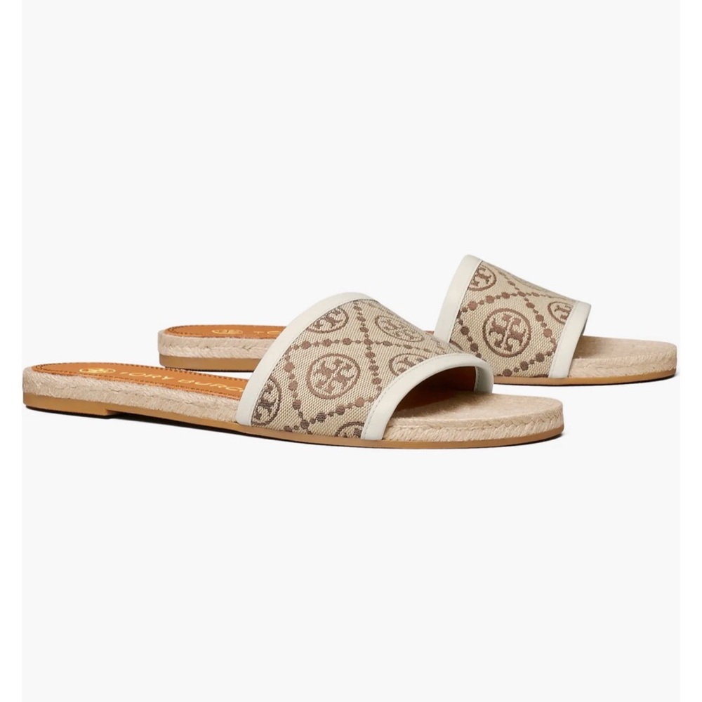 Tory Burch Women's T Monogram Beige Tan Espadrille Slides Size 7.5